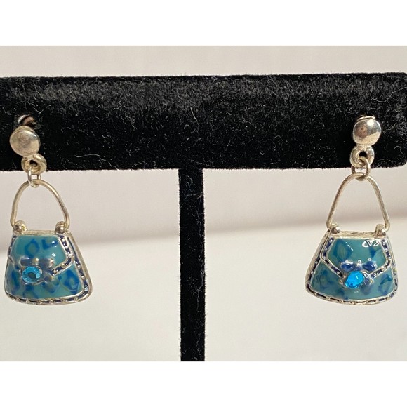 Handbag Earrings Blue Enamel Over Silver Tone Metal With Central Blue Stone - Picture 3 of 10